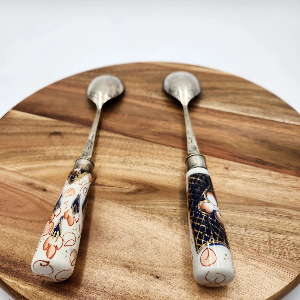 Vintage EPNS England Salad Serving Set Imari Style Porcelain Handles 10